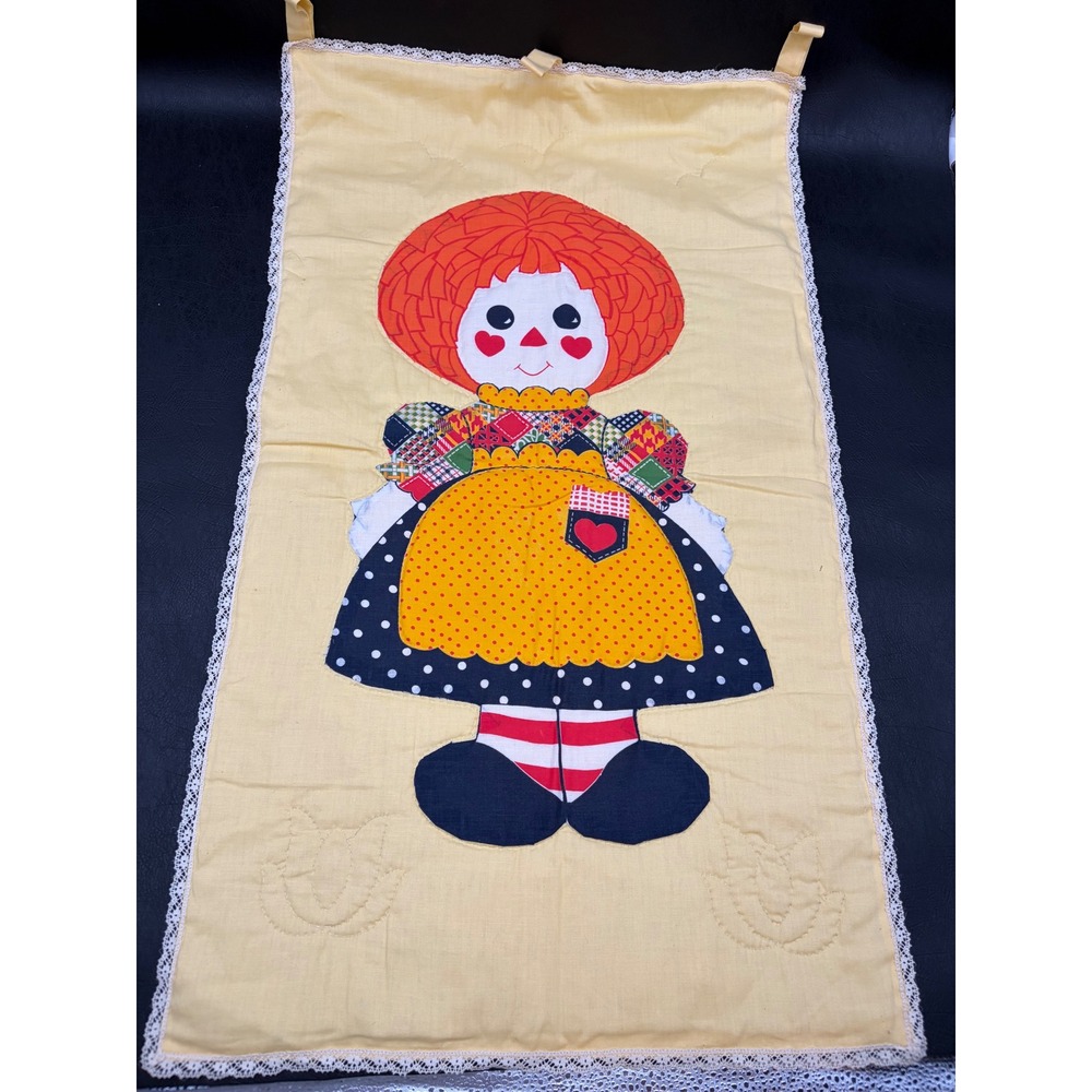 Vintage Raggedy Carolyn Applique Wall Hanging Quilted Lace Trim Banner Handmade
